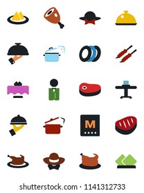Color and black flat icon set - waiter vector, dish, restaurant table, serviette, menu, plates, dress code, chicken, steak, kebab, ham, steaming pan