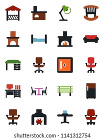 Color and black flat icon set - cafe vector, checkroom, desk, bench, fireplace, office chair, lamp, bedroom, children room, cushioned furniture, restaurant table, alcove, fridge
