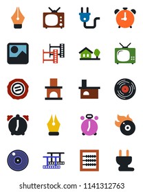 Color and black flat icon set - alarm clock vector, stamp, fireplace, film frame, vinyl, flame disk, gallery, abacus, ink pen, house with tree, tv, power plug