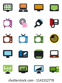 Color and black flat icon set - radar vector, notebook pc, statistic monitor, pulse, tv, touch screen, laptop, hdmi, statistics, intercome