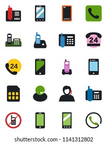 Color and black flat icon set - no mobile vector, phone, office, 24 hours, support, cell, radio, back, call, sim