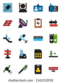 Color and black flat icon set - satellite antenna vector, escalator, signpost, identity card, book, pulse clipboard, office phone, radio, sim, notes, face id, paper tray, pen, reserved