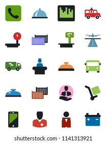 Color and black flat icon set - runway vector, airport bus, reception, ambulance car, doctor, client, cargo container, heavy scales, cell phone, call, scanner, moving, waiter, dish, battery