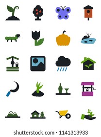 Color and black flat icon set - wheelbarrow vector, sproute, butterfly, rain, well, sickle, pumpkin, caterpillar, bird house, tulip, gallery, with tree, pond, fruit, mountains, alcohol, eco, palm