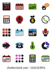 Color and black flat icon set - right arrow vector, calendar, circle chart, microphone, menu, calculator, phone, home message, money bag