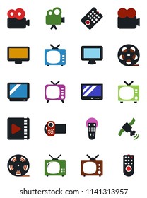 Color and black flat icon set - tv vector, reel, satellite, video camera, remote control, monitor