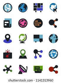 Color and black flat icon set - satellite antenna vector, bomb in case, globe, plane, earth, pin, consolidated cargo, network, share, news, social media