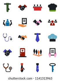 Color and black flat icon set - medical room vector, handshake, team, tie, document, stethoscope, meeting, cook hat