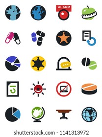 Color and black flat icon set - no laptop vector, ticket office, globe, document reload, pills, diet, earth, pie graph, table, police, alarm led