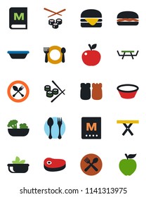 Color and black flat icon set - spoon and fork vector, picnic table, cafe, menu, salad, salt pepper, steak, hamburger, bowl, sushi, apple fruit