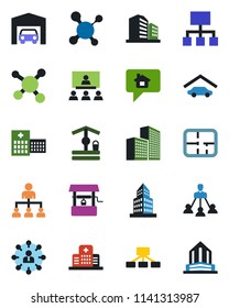 Color and black flat icon set - hierarchy vector, well, molecule, hospital, office building, garage, plan, home message