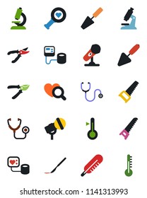 Color and black flat icon set - trowel vector, pruner, saw, stethoscope, blood pressure, thermometer, heart diagnostic, microscope, scalpel, microphone