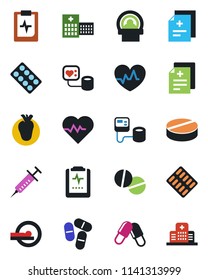 Color and black flat icon set - heart pulse vector, diagnosis, syringe, blood pressure, pills, blister, tomography, real, clipboard, hospital