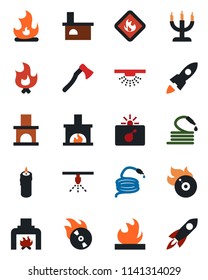 Color and black flat icon set - bomb in case vector, fire, hose, axe, fireplace, flammable, flame disk, candle, sprinkler, rocket