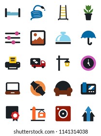Color and black flat icon set - reception bell vector, flower in pot, ladder, hose, garden light, joint, umbrella, laptop pc, mobile camera, gallery, tuning, clock, sertificate, printer, bedroom