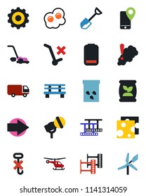 Color and black flat icon set - right arrow vector, helicopter, gear, shovel, lawn mower, bench, seeds, fertilizer, mobile tracking, car delivery, no trolley, hook, film frame, microphone, omelette