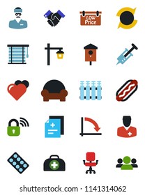 Color and black flat icon set - crisis graph vector, garden light, bird house, heart, doctor case, diagnosis, syringe, pills blister, update, office chair, handshake, low price signboard, hot dog