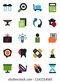Color and black flat icon set - satellite antenna vector, baggage trolley, bomb in case, pedestal, stamp, diagnosis, patch, caries, search cargo, flame disk, update, presentation board, table, idea
