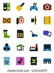 Color and black flat icon set - book vector, notepad, boot, lawn mower, seeds, fertilizer, client, container, warehouse, camera, speaker, gamepad, dialog, laptop pc, sim, music, key, factory