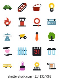 Color and black flat icon set - airport tower vector, runway, bus, tie, bulb, tree, wheelbarrow, fire, heart hand, car delivery, themes, calendar, brightness, sun panel, rooms, hot dog, steaming pan
