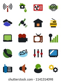 Color and black flat icon set - antenna vector, clouds, office phone, support, route, satellite, speaker, settings, tv, video camera, call, fingerprint id, cellular signal, notebook pc, copier, gear