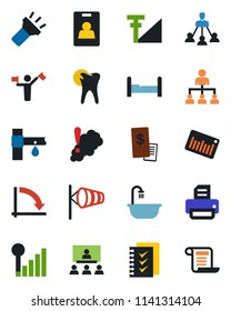 Color and black flat icon set - dispatcher vector, wind, hierarchy, crisis graph, printer, drip irrigation, caries, barcode, torch, cellular signal, identity card, checklist, bedroom, bathroom