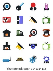 Color and black flat icon set - tv vector, office phone, building, estate search, agent, key, children room, fireplace, fridge, smart home, rolling pin, router, web camera, snowflake, warm floor