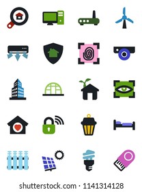 Color and black flat icon set - bed vector, greenhouse, office building, sun panel, estate search, sweet home, eco house, fingerprint, wireless lock, router, web camera, air conditioner, pc, protect