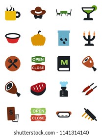 Color and black flat icon set - pumpkin vector, seeds, cook, cafe, menu, cocktail, coffee, candle, table, dress code, open close, restaurant receipt, steak, kebab, ham, hot dog, bowl, rolling pin