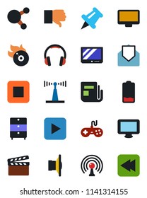 Color and black flat icon set - clapboard vector, archive chest, flame disk, antenna, news, speaker, gamepad, tv, headphones, monitor, share, finger down, paper pin, low battery, mail, play button