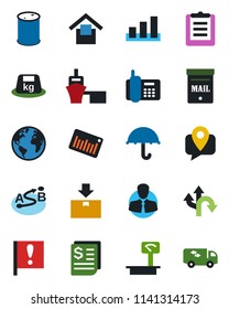 Color and black flat icon set - route vector, earth, important flag, office phone, client, mobile tracking, receipt, sea port, clipboard, umbrella, warehouse storage, package, sorting, heavy, scales