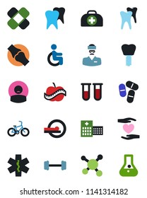Color and black flat icon set - doctor case vector, blood test vial, pills, patch, tomography, ambulance star, barbell, bike, disabled, heart hand, tooth, implant, joint, diet, hospital, patient