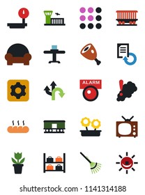 Color and black flat icon set - luggage storage vector, airport building, document reload, flower in pot, rake, route, railroad, heavy scales, menu, settings, cushioned furniture, tv, bread, ham