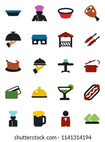 Color and black flat icon set - waiter vector, cook, dish, restaurant table, cocktail, beer, cafe building, alcove, credit card, chicken, kebab, ham, hot dog, bowl, steaming pan, serviette
