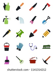 Color and black flat icon set - pen vector, drawing pin, pencil, trowel, shovel, rake, bucket, watering, glove, saw, axe, garden sprayer, stethoscope, themes, stapler, cutting board, knife