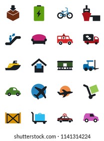 Color and black flat icon set - baggage trolley vector, escalator, waiting area, alarm car, fork loader, ambulance, bike, plane, sea shipping, delivery, port, container, cargo, warehouse storage