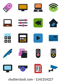 Color and black flat icon set - credit card vector, calculator, pen, notebook pc, remote control, monitor, laptop, play button, rewind, tuning, sd, sim, wireless, smart home, web camera, usb flash