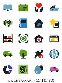 Color and black flat icon set - luggage storage vector, book, circle chart, tree, heart hand, satellite, term, network, favorites list, eye id, fingerprint, calendar, copybook, pond, sweet home, car