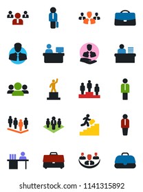 Color and black flat icon set - manager vector, pedestal, team, place, client, case, company, desk, career ladder, group
