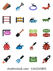 Color and black flat icon set - garden fork vector, shovel, lady bug, caterpillar, pond, rack, rent, bacon, open close, rocket