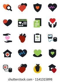 Color and black flat icon set - heart vector, pulse, diagnosis, blood pressure, diagnostic, shield, hand, real, medical calendar, clipboard, sweet home