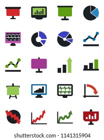 Color and black flat icon set - growth statistic vector, presentation board, crisis graph, circle chart, monitor pulse, statistics, bar, pie, point