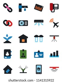 Color and black flat icon set - plane radar vector, identity card, drip irrigation, sorting, barcode, chain, air conditioner, smart home, water heater, intercome, control app, filter, sprinkler