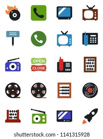 Color and black flat icon set - phone vector, abacus, plant label, reel, vinyl, flame disk, radio, tv, call, office, open close, rocket