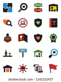 Color and black flat icon set - no laptop vector, contract, plant label, heart diagnostic, shield, warehouse, package, search cargo, application, sertificate, alcohol, wine card, open close, flag