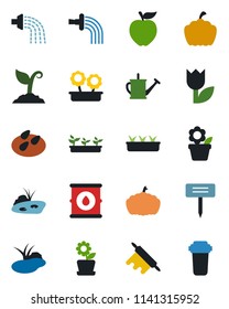 Color and black flat icon set - flower in pot vector, watering can, sproute, seedling, plant label, pumpkin, seeds, pond, tulip, oil barrel, rolling pin, apple fruit, water filter