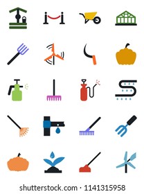 Color and black flat icon set - fence vector, garden fork, farm, rake, wheelbarrow, well, hoe, sickle, pumpkin, greenhouse, sprayer, drip irrigation, windmill