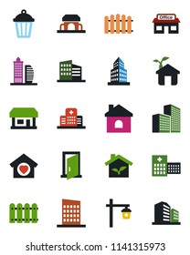 Color and black flat icon set - fence vector, house, garden light, hospital, store, office building, sweet home, city, cafe, eco, door