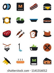 Color and black flat icon set - cafe vector, menu, salad, plates, bacon, bread, chicken, steak, kebab, hamburger, ladle, bowl, rolling pin, sushi, cheese