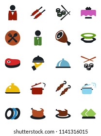 Color and black flat icon set - waiter vector, dish, restaurant table, cafe, plates, chicken, steak, kebab, ham, steaming pan, sushi, serviette